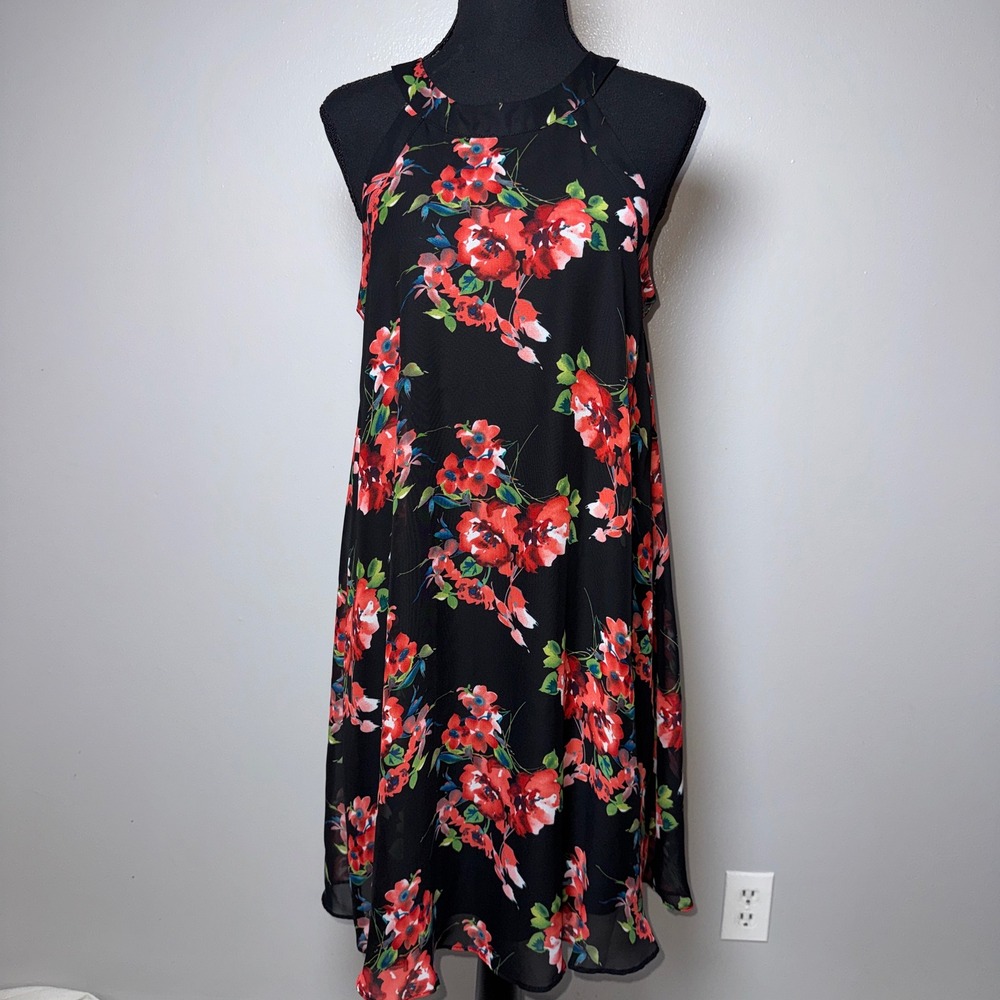 Betsey Johnson Red Floral Halter Shift Dress Black Sleeveless Sz 6 Flowy Layered